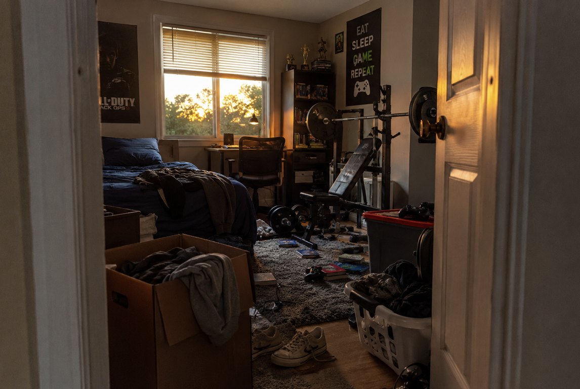 Cluttered bedroom after a child leaves for college