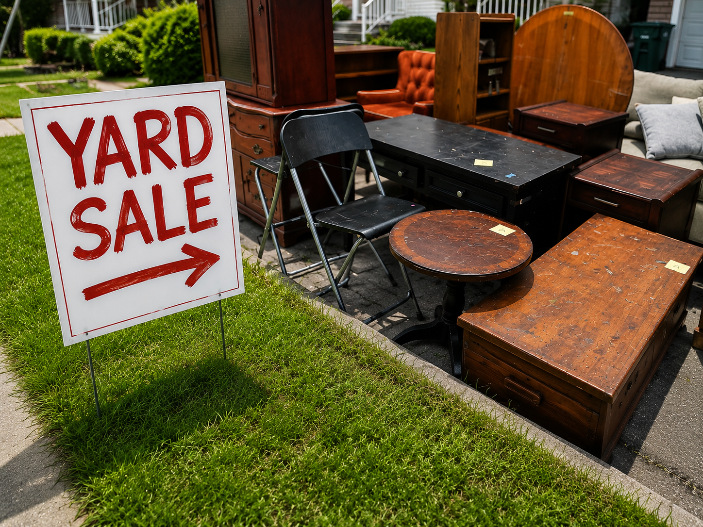 Leftover unsold yard sale items including furniture, boxes, and household goods sitting in a driveway after the sale