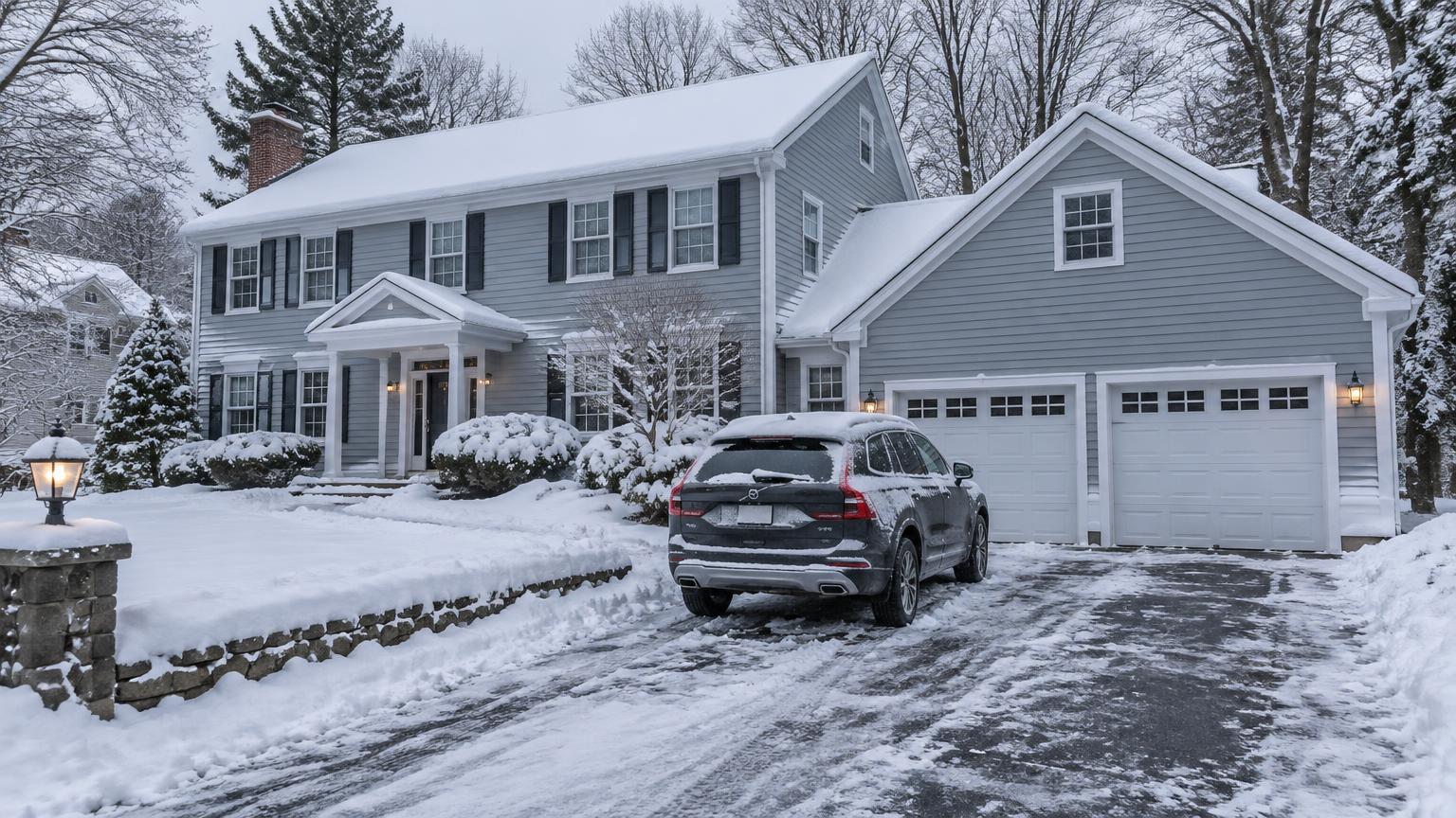 Snow-covered Greater Boston home with a car parked outside the garage before winter cleanup