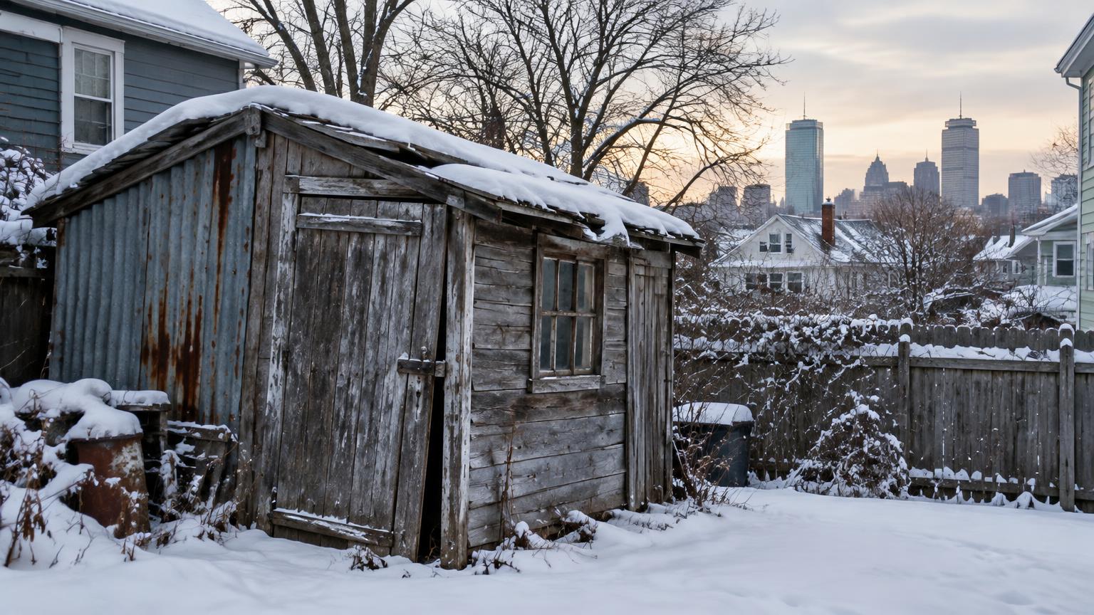 Old weathered backyard shed covered in snow before professional shed removal